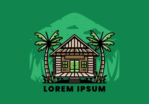 Wood house on the beach illustration badge design vector