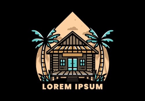 Wood house on the beach illustration badge design vector