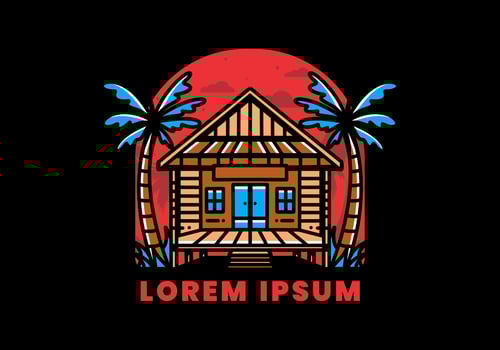 Wood house on the beach illustration badge design vector