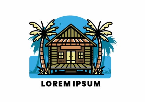 Wood house on the beach illustration badge design vector