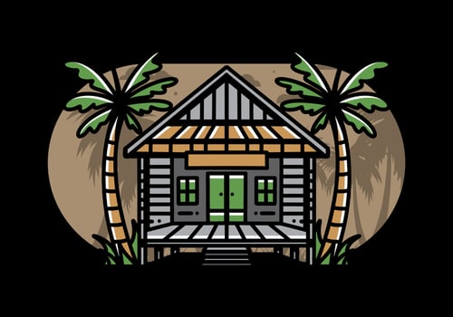 Wood house on the beach illustration badge design vector