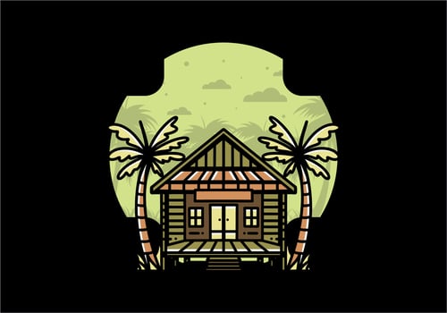 Wood house on the beach illustration badge design vector