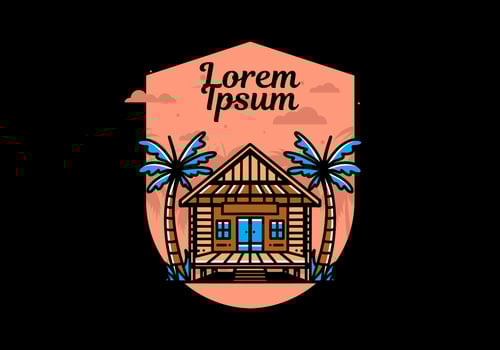Wood house on the beach illustration badge design vector
