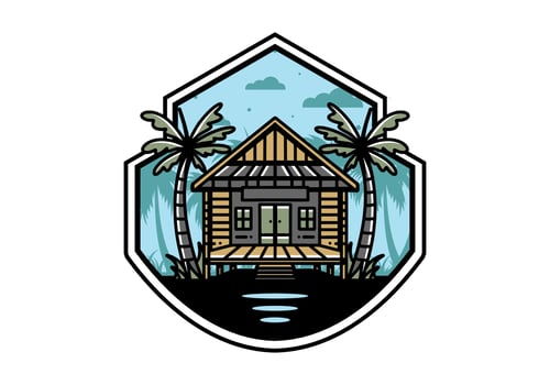 Wood house on the beach illustration badge design vector