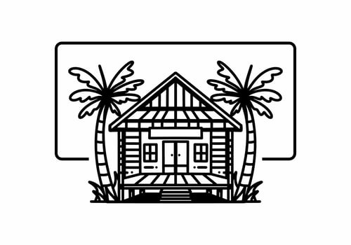 Wood house on the beach illustration badge design vector