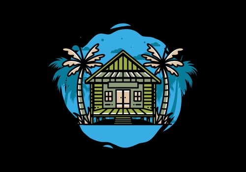 Wood house on the beach illustration badge design vector