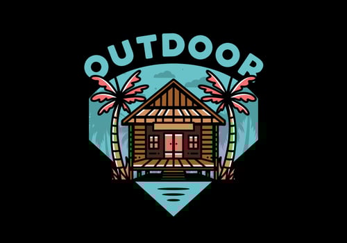 Wood house on the beach illustration badge design vector
