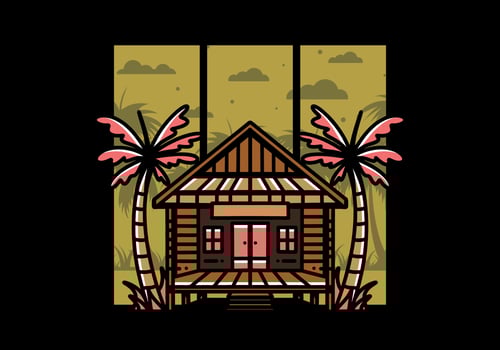 Wood house on the beach illustration badge design vector