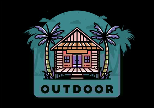 Wood house on the beach illustration badge design vector