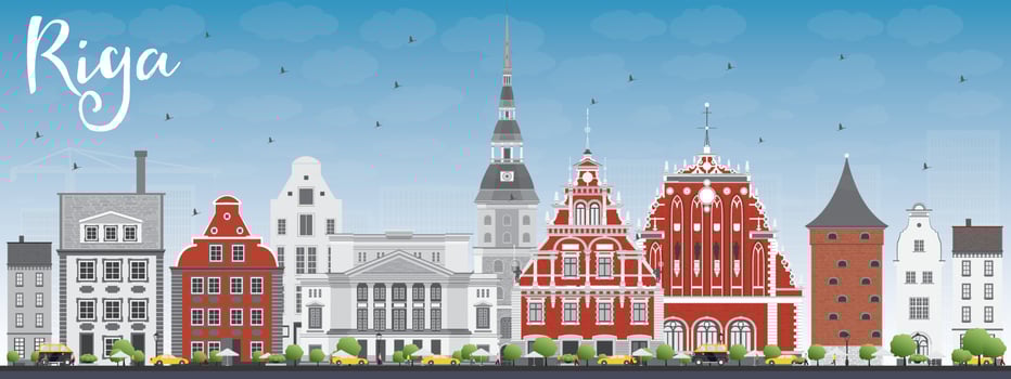 Riga Skyline with Landmarks and Blue Sky. vector