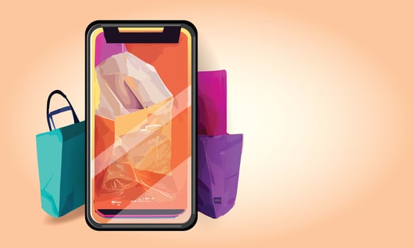 Online shopping or delivery concept illustration 3d vector show trolley, bags and boxes. Modern trendy design bright colors on smartphone