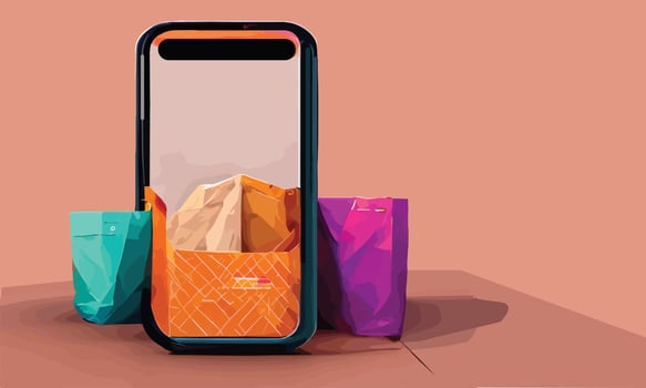Online shopping or delivery concept illustration 3d vector show trolley, bags and boxes. Modern trendy design bright colors on smartphone