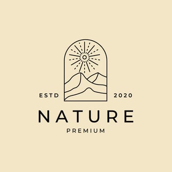 mountain and sunburst badge line art logo design vector