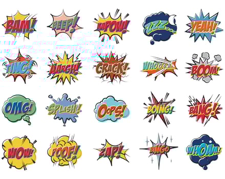 Comic book bubbles doodle set. Collection of cartoon emotional colour explosions funny comical speech clouds comics words thinking dream bubbles graphic text conversation design elements illustration vector