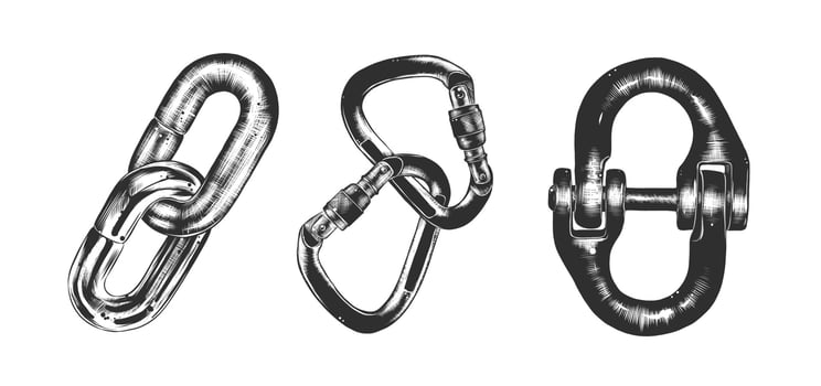 Vector set of engraved style illustration for posters, decoration and print. Hand drawn sketch of block chain in monochrome isolated on white background. Detailed vintage woodcut style drawing.
