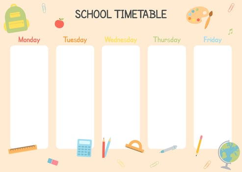 Cute childish school timetable. Weekly planner for students, pupils with days week, school study organizer vector template with cartoon school objects and symbols.