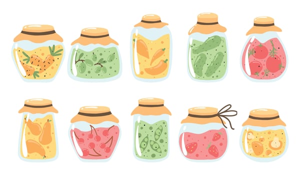 A set of pickles and jams. Collection of jars of pickles with cucumbers, tomatoes, peppers, olives, mushrooms. Strawberry, cherry and pear jam. Vector illustration.