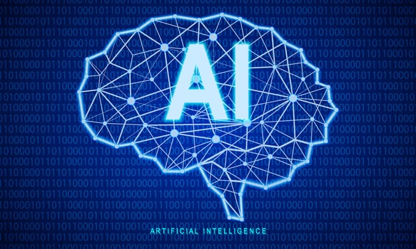 Neon lines on binary code background. Polygon brain. Artificial intelligence abstract template. Concept of Technology, Engineering, Learning, Business and Science vector illustration.
