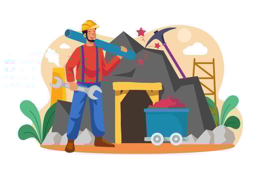 Miner character holding wrench and plastic pipe vector