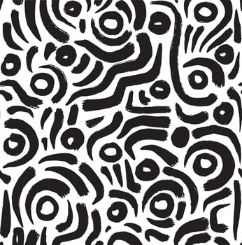 Abstract artistic seamless pattern background with black ink brush irregular stroke shapes. Black and white monochrome modern grunge textured print, wallpaper, textile vector