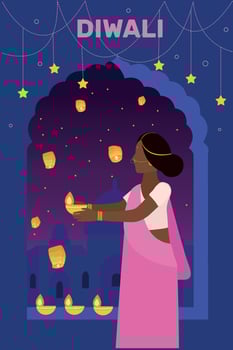 Diwali. A  woman launch a sky lantern. India. Happy Diwali holiday. Illuminated oil lamps. Traditional Indian clothing. Sari vector