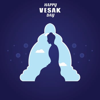 illustration vector graphic of silhouette of the buddha meditating, showing temple background, perfect for religion, holiday, culture, vesak day, greeting card, etc.