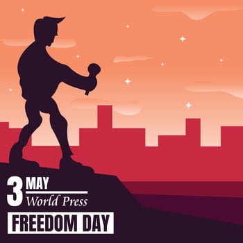 illustration vector graphic of the news anchor silhouette is standing on a hill, perfect for world press freedom day, celebrate, holiday, greeting card, etc.