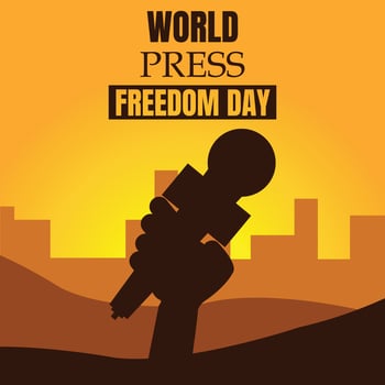 illustration vector graphic of hand holding the microphone in the late afternoon, perfect for world press freedom day, celebrate, greeting card, etc.