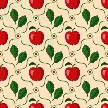 Seamless rhombus pattern with red apples in diagonal wavy grid Good for kitchen, home decoration vector