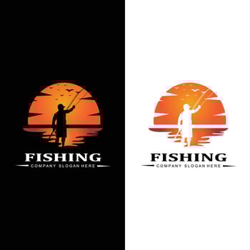 fishing logo icon vector, catch fish on the boat, outdoor sunset silhouette design vector