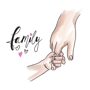 Family, handwritten inscription, cartoon childrens hand holds the hand of an adult vector