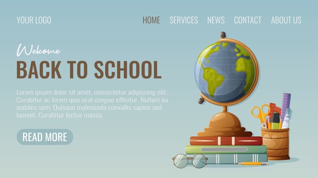 Desktop globe with books, glasses, stand with stationery. Welcome back to school, horizontal template for website interface. Vector illustration. For banner, bookstore, poster