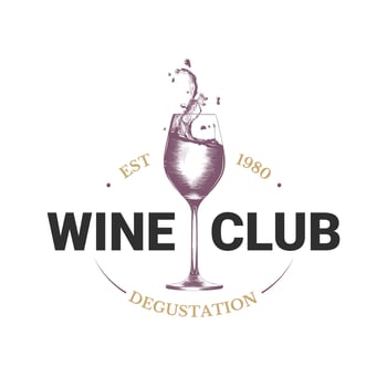 Vintage style wine shop simple label, badge, emblem, logo template. Graphic drink art with engraved wine glass with splashes vector element with typography. Organic hand drawn style.