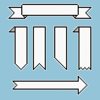 collection set of retro game 8 bit line pixel ribbon banner speech bubble balloon, text box, black and white color, flat design vector illustration