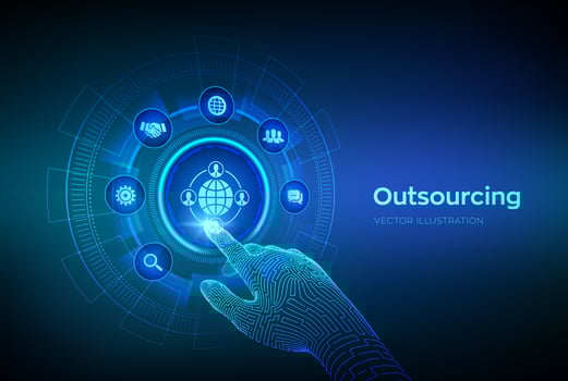 Outsourcing and HR. Social network and global recruitment. Global Recruitment Business and internet concept on virtual screen. Robotic hand touching digital interface. Vector illustration.