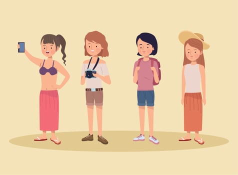 four tourists travelers characters vector