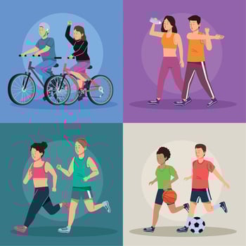 four couples practicing sports vector