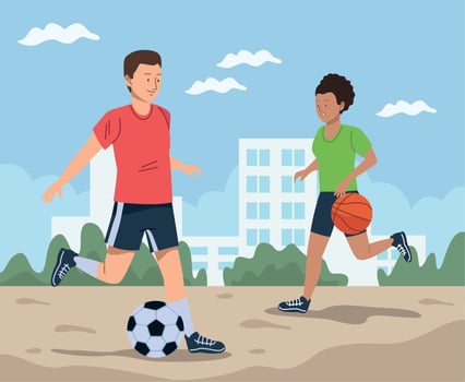 couple practicing soccer vector
