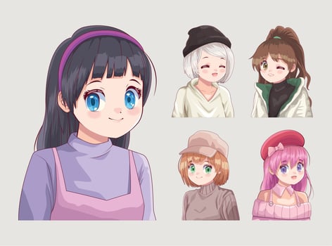 five girls anime style vector