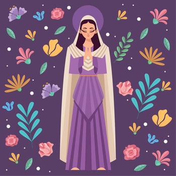 purple mary virgin and flowers vector