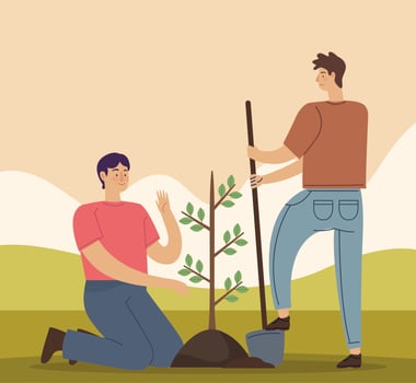 ecologists men planting tree scene vector