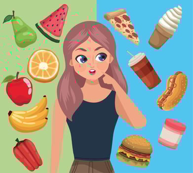 girl with healthy and unhealthy food vector