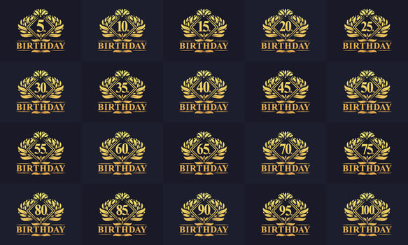 Happy birthday logo bundle. Retro vintage birthday logo set. 5th, 10th, 15th, 20th, 25th, 30th, 35th, 40th, 45th, 50th, 55th, 60th, 65th, 70th, 75th, 80th, 85th, 90th, 95th, 100th birthday celebration vector