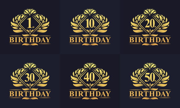 Vintage Retro Birthday logo set. Luxurious golden birthday logo bundle. 1st, 10th, 20th, 30th, 40th, 50th birthday logo bundle. vector