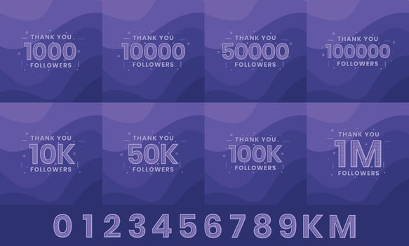 Thank you Followers Greeting card bundle. Thank you 1000, 1k, 10000, 10k, 50k, 1M Followers celebration social media bundle design. vector
