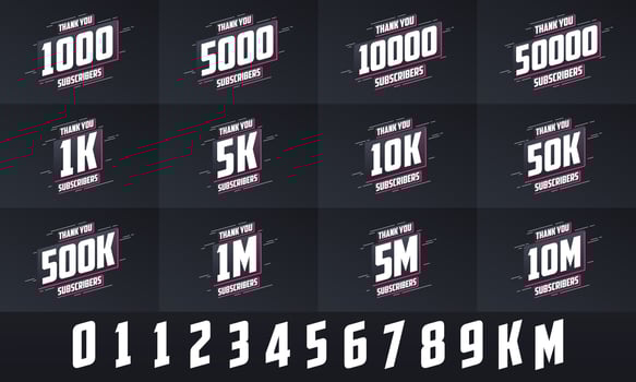 Thank you Subscribers Greeting card bundle. Thank you 1000, 1k, 10000, 10k, 50k, 1M Subscribers celebration social media bundle design. vector