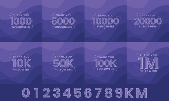 Thank you Subscribers Greeting card bundle. Thank you 1000, 1k, 10000, 10k, 50k, 1M Subscribers celebration social media bundle design. vector