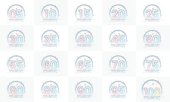 Modern Anniversary Logo Set.  5th, 10th, 15th, 20th, 25th, 30th, 35th, 40th, 45th, 50th, 55th, 60th, 65th, 70th, 75th, 80th, 85th, 90th, 95th, 100th Anniversary celebration logo bundle. vector
