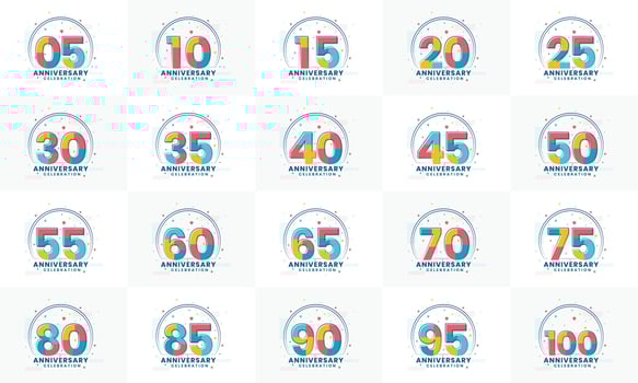 Anniversary Logo Bundle.  Set of modern Anniversary celebration logos. 5th, 10th, 15th, 20th, 25th, 30th, 35th, 40th, 45th, 50th, 55th, 60th, 65th, 70th, 75th, 80th, 85th, 90th, 95th, 100th vector