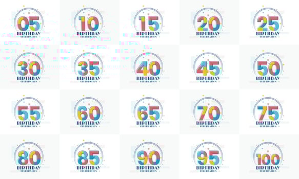 Birthday Logo Bundle.  Set of modern Birthday celebration logos. 5th, 10th, 15th, 20th, 25th, 30th, 35th, 40th, 45th, 50th, 55th, 60th, 65th, 70th, 75th, 80th, 85th, 90th, 95th, 100th birthday vector